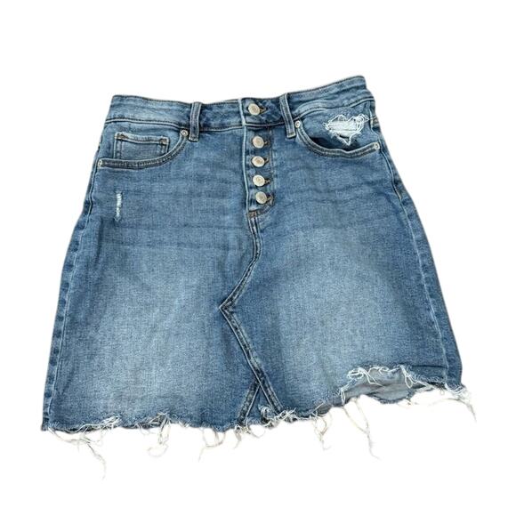 Maurices Button Fly Blue Jean Denim Mini Skirt Distressed Women's 6 - Picture 1 of 5